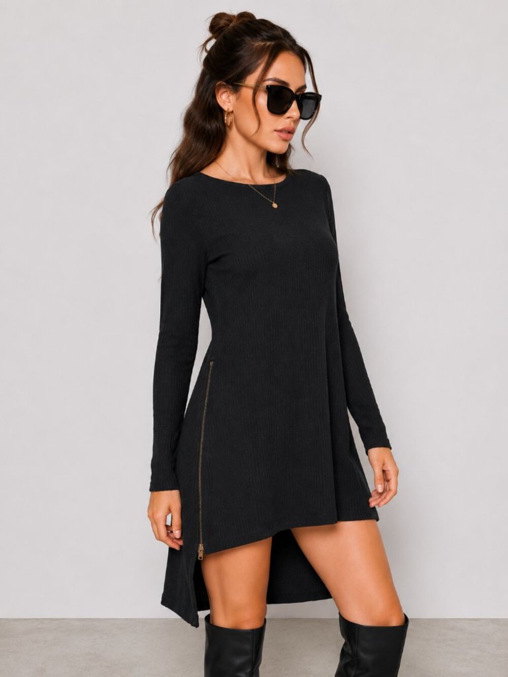 Black Ribbed Knit Sweater Dress High Low Gold Zipper NWT
